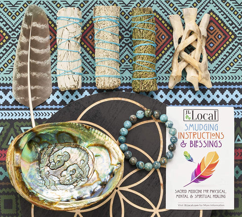 3 Sage Smudging Kit - White Sage, Blue Sage & Cedar | Smudge Kit with Abalone Shell, Stand, Instructions, Blessings & Blue Agate Bracelet (White, Blue & Cedar)