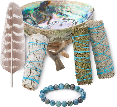 3 Sage Smudging Kit - White Sage, Blue Sage & Cedar | Smudge Kit with Abalone Shell, Stand, Instructions, Blessings & Blue Agate Bracelet (White, Blue & Cedar)