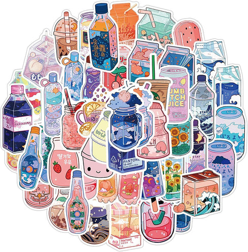 Fashionable Cartoon Beverage Bottle Stickers Pack 50Pcs Colorful Waterproof Cute Stickers for Flask, Laptop, Water Bottle, Cute Aesthetic Vinyl Doodle Decals (Sweet Drinks)