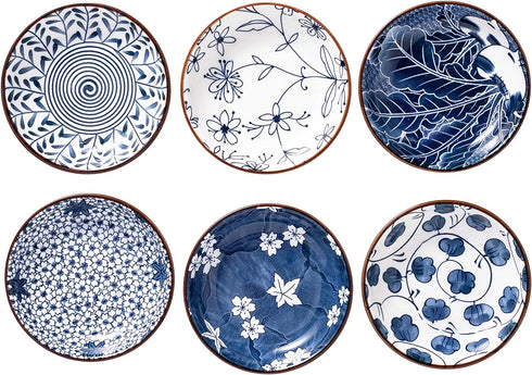 Japanese Style Ceramic Dipping Bowls,4 Inch Side Dishes Sauce Dishes for Sushi,Sauce,Snack and Soy,3 Oz Blue and White Pinch Bowls for Kitchen Prep - Set of 6(4 inch)