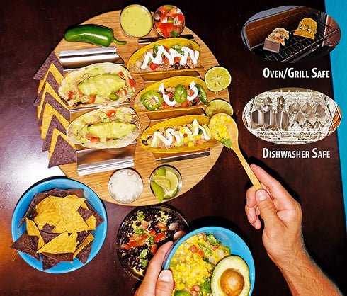 Taco Holder Stand - Set of 6 - Oven & Grill Safe Stainless Steel Taco Racks With Handles - Fill & Serve Tacos With Ease - Taco Trays by Fiesta Kitchen