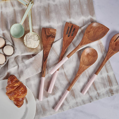 Wooden Cooking Utensils Set for Kitchen, Non Stick Cookware Tools Includes Wooden Spoon for Cooking, Spatula, Fork, Slotted Turner, Corner Spoon, Set of 5-12 Inches Long, Acacia Wood, Blush Pink
