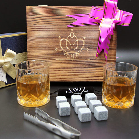 Whiskey Glasses and Stones Gift Set for Men, Whiskey Lover, Birthday, Anniversay, Retirement and Christmas. 2 old Fashiones Rock Glasses+ 8 Granite Chilling Rocks+Tongs+ Wooden Box