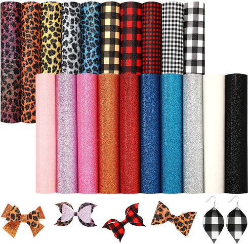 20 Pieces Faux Leather Fabric Sheet Set Plaid Faux Leather Sheets Shiny Glitter Faux Leather Sheets Leopard Faux Leather Sheets for DIY Crafts Sewing Making Earrings Hair Bows Clips