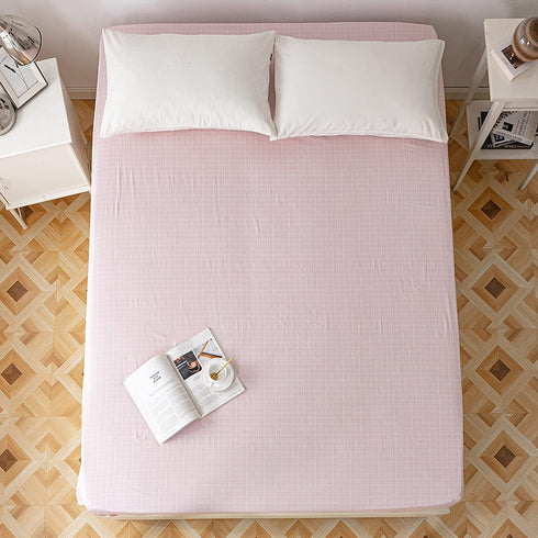 AOJIM Pure Cotton Printing Fitted Sheet Twin Size 39"x75" with 15" Deep Pocket Design Pink Grids Mattress Cover for Kids/Adults / Only One Piece