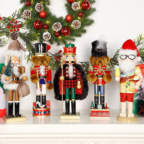 Joliyoou Christmas Nutcracker Figures, 14 Inch Wooden Nutcracker Santa Holding Gifts & Christmas Tree, Large Xmas Nutcracker Tabletop Festival Shelves Decorations