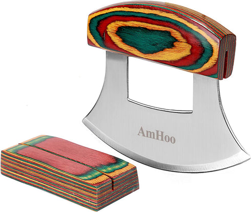 Amhoo Pizza Cutter Chef Mezzaluna Knife Handle Color Wood Grip Sharp Rocker Slicer Stainless Steel Blade Salad Onion Vegetable Chopper with Holder Base Christmas Gifts