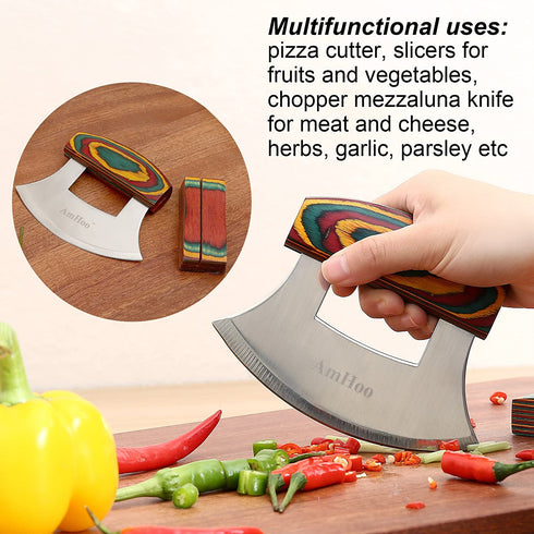 Amhoo Pizza Cutter Chef Mezzaluna Knife Handle Color Wood Grip Sharp Rocker Slicer Stainless Steel Blade Salad Onion Vegetable Chopper with Holder Base Christmas Gifts