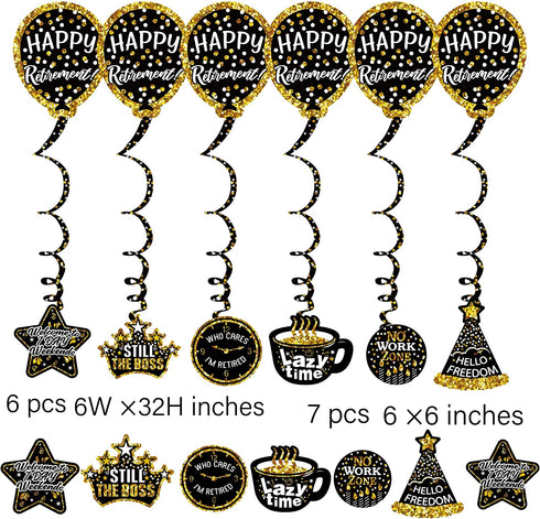 retirement party decorations banner gifts - (22pack) happy retirement gold banner, 6 paper Poms, 6 Hanging Swirl, 7 decorations stickers. retirement sash for men and women (GOLD BANNER)