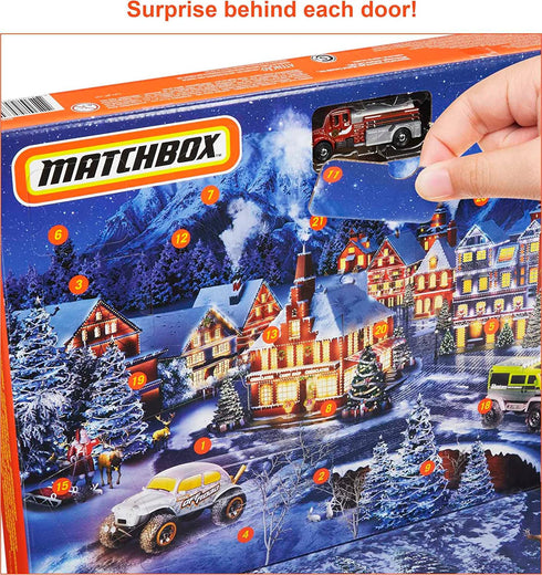 Matchbox Advent Calendar with 24 Surprises that Include 11 1:64 Scale Cars with Authentic & Holiday-Themed Decos & Accessories, Holiday Gift for Kids 3 Years Old & Up, Multi (GXH01)