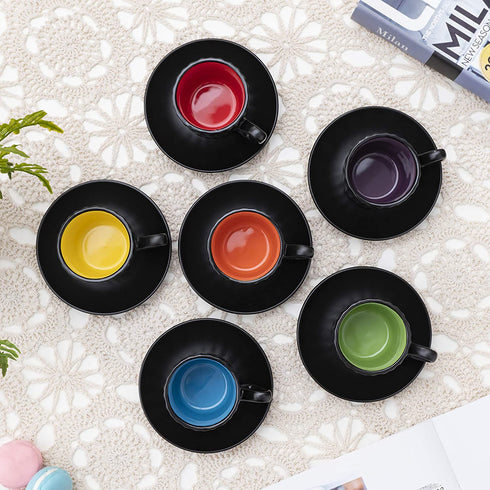 4 Ounce Espresso Set of 6 Cups with Saucers by Bruntmor - Demitasse Cups, Perfect for Espresso, Cappuccino, Coffee Latte (Matte Black)