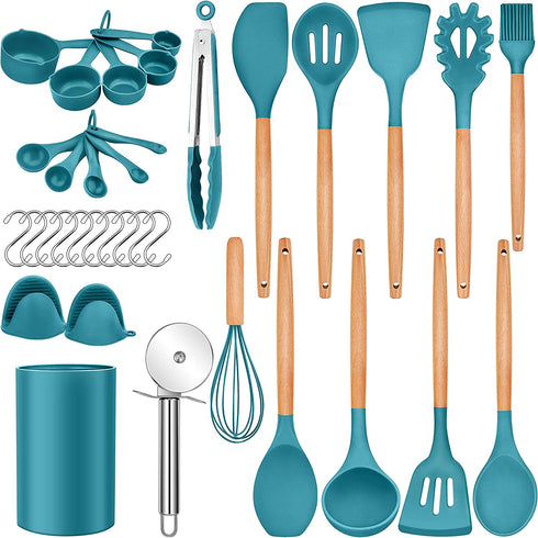 Homikit 35-Piece Kitchen Cooking Utensils Set with Holder, Non-Stick Silicone Cookware Utensils Spatula Set, Heat Resistant Kitchen Tools with Spoon Whisk Turner Tong, Wooden Handle, Navy Blue