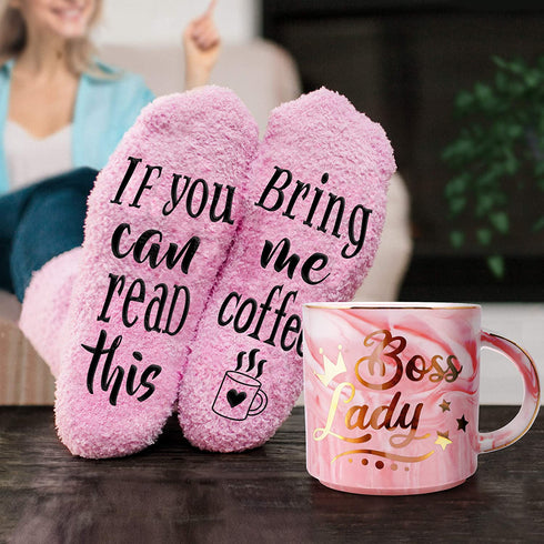Boss Lady Mothers Day Gifts Basket for Women - 12oz Gold Pink Ceramic Coffee Mug + Funny Socks + Gift Bag - For the Best Boss and Boss Lady. The Best Mothers Day Gifts for Mom.