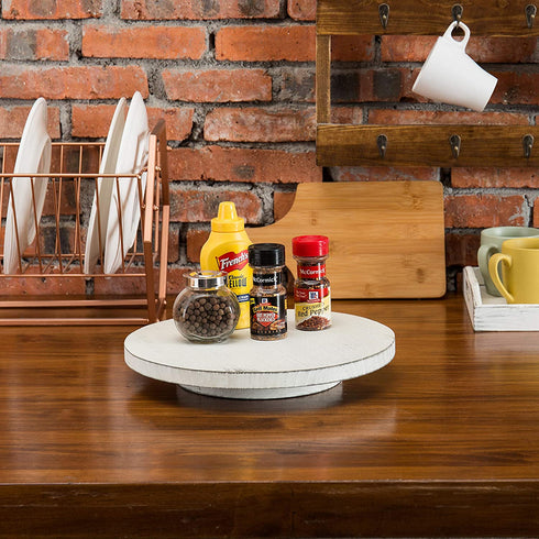MyGift Vintage White Wood Lazy Susan Condiment Tray, 360 Degree Rotating Turntable Spice Rack Organizer