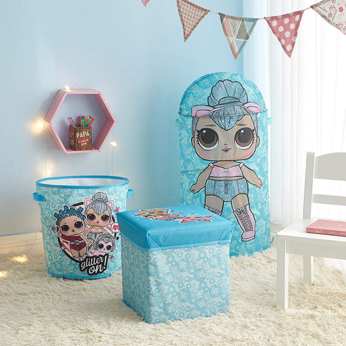 Idea Nuova LOL Surprise 3 Piece Collapsible Storage Set with Collapsible Ottoman, Bin and Figural Dome Pop Up Hamper, Aqua