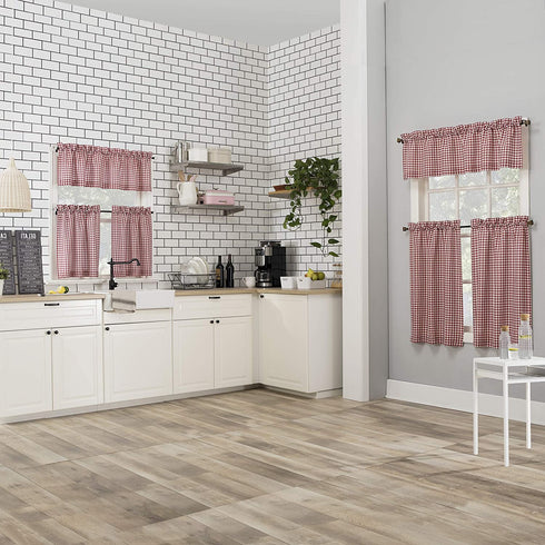 No. 918 Parkham Farmhouse Plaid Semi-Sheer Rod Pocket Kitchen Curtain Valance and Tiers Set, 54 in x 24 in (3 Piece, Red/White