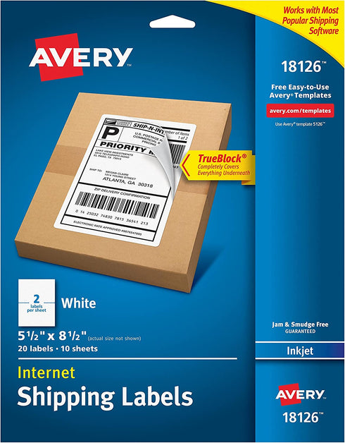 Avery Printable Shipping Labels, 5.5" x 8.5", White, 20 Blank Mailing Labels (18126)
