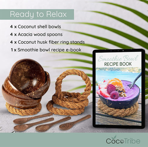 Coconut Bowls with Spoons & Stands - Set of 4 Coconut Shell Bowls + Wooden Spoons & No-Wobble Holders for Serving a Smoothie, Acai Bowl, or Salad - Eco Friendly & Handmade by CocoTribe, Holds 18 Oz