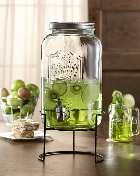Style Setter Fortuna Beverage Dispenser Cold Drink Dispenser w/ 2-Gallon Capacity Glass Jug, Metal Rack & Leak-Proof Acrylic Spigot Great for Parties, Weddings & More, Main St., Large (210260-GBRB)
