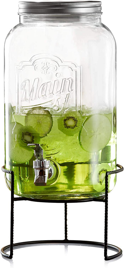 Style Setter Fortuna Beverage Dispenser Cold Drink Dispenser w/ 2-Gallon Capacity Glass Jug, Metal Rack & Leak-Proof Acrylic Spigot Great for Parties, Weddings & More, Main St., Large (210260-GBRB)