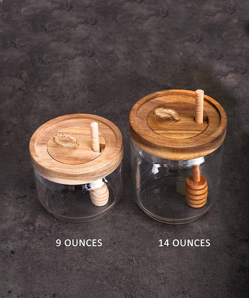 Dstuff Honey Jar Pot Glass Holder Dispenser with Wooden Dipper and Acacia Lid Cover for Home Kitchen, Clear, 9 Ounces, Honey Container for Storage