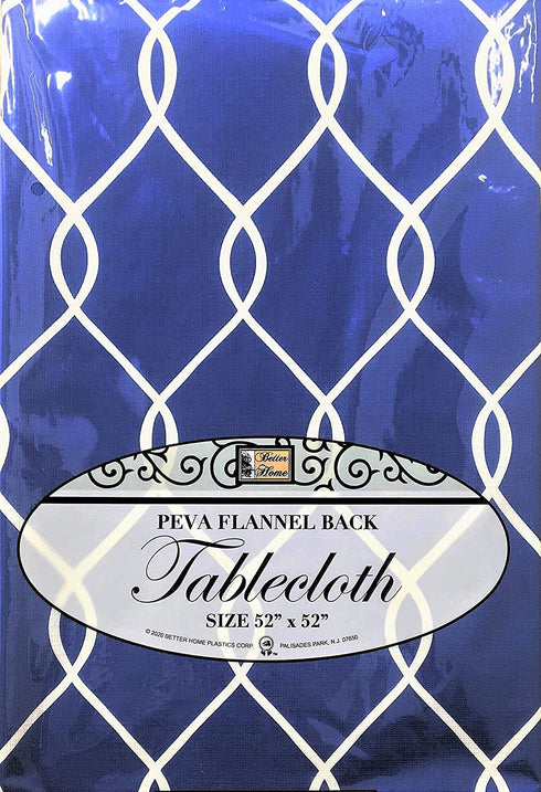 Better Home Blue Twist Design Tablecloth PEVA Flannel Backed Kitchen Decorator (52" x 52" Square)