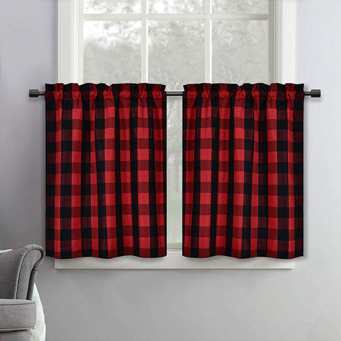 SeeGlee Red and Black Plaid Thermal Insulated Energy Saving Curtain Tiers for Loft -Rustic Farmhouse Living Buffalo Check Cottage Short Curtain Valances(29 W x 36 Inches Long,2 Panels)