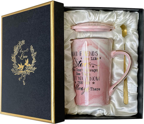 Best Friends, Friendship Gifts for Women Birthday Gifts for Women Birthday Gifts Ideas for Her, Friends Female, Besties, Sister, BFF Ceramic Marble Coffee Mug Gifts Box Printed Gold 14oz Pink