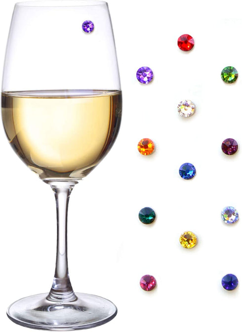 Simply Charmed Crystal Magnetic Wine Glass Charms Set of 12 Glass Markers that Work on Stemless Glasses - Gift / Storage Box Included