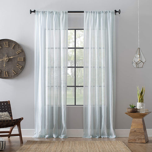 Archaeo Ticking Stripe Textured Cotton Blend Sheer Curtain, 54" x 63", Aqua/White