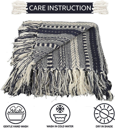 Soft Boho Throw Blankets - Warm and Cozy Home Decor Pure Cotton Woven Stripe Blanket with Fringe for Sofa and Couch, Everyday Use Navy Blue - 60 x 50 Inches