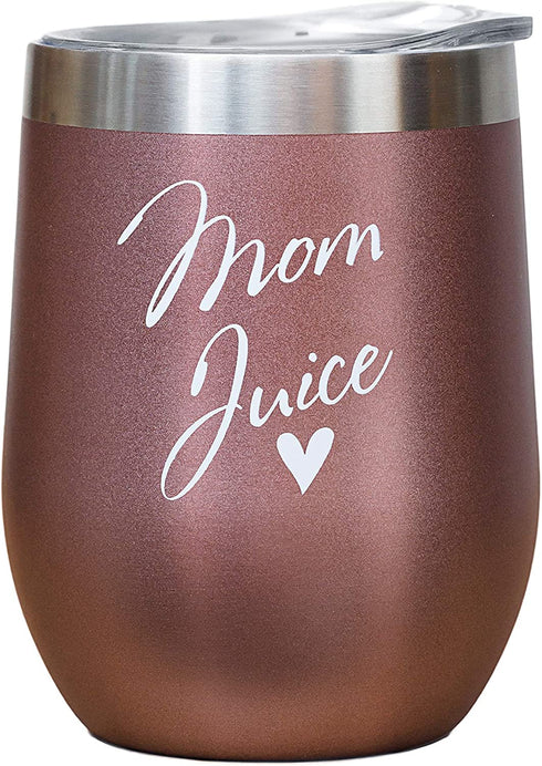 Mom Juice VINOVITA Stainless-Steel Funny Wine Tumbler Insulated Stemless Glass with 2 Lids, Straw, & Brush Novelty Adult Sippy Cup Perfect For Mother™s Day, Valentines, Birthday 12oz