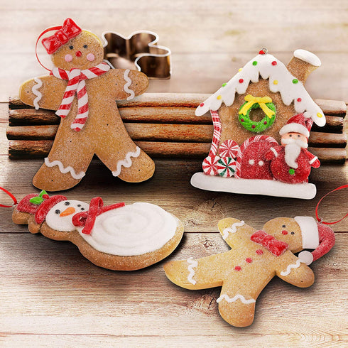 Gingerbread Christmas Ornaments - Man Boy Girl Gingerbread House Snowman Cookie Rustic Christmas Decorations Set of 4 - Claydough Christmas Tree Decorations - Christmas Tree Ornaments with Gift Box