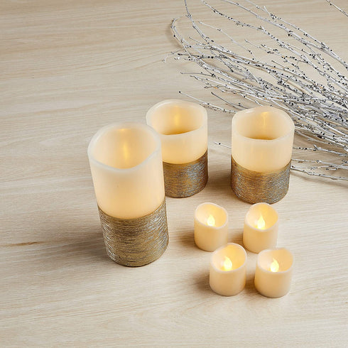 Furora LIGHTING LED Flameless Candles with Remote Control, Set of 8, Real Wax Battery Operated Pillars and Votives LED Candles with Flickering Flame and Timer Featured - Gold Trim