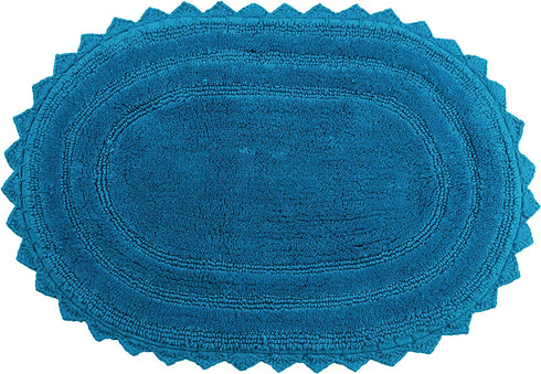 TreeWool, (Pack of 2) Bath Rugs with Crochet Border in Plush Cotton, Reversible - Oval (17" x 24"; Teal)