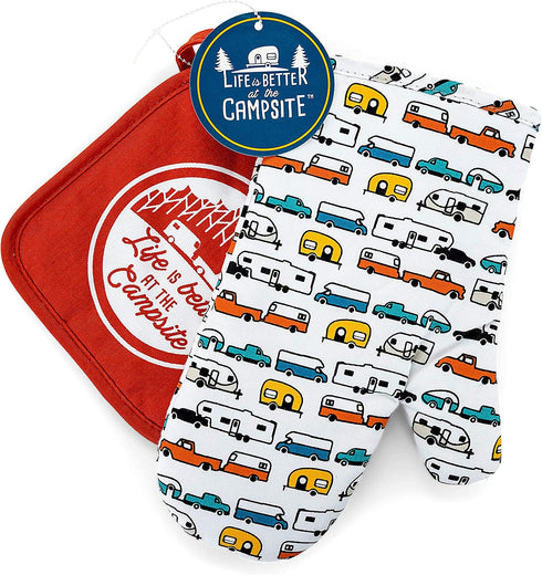 Camco Life is Better at The Campsite Heat Resistant Oven Mitt and Pot Holder Set Pattern Design, Excellent for RV Kitchens, Camping and More (53259),Multicolor Oven Mitt - Red Pot Holder