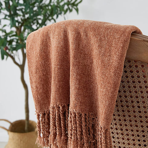 BOURINA Chenille Fluffy Throw Blanket with Decorative Fringe for Couch Cover Sofa Chair Blanket?50×60 Inches? Orange