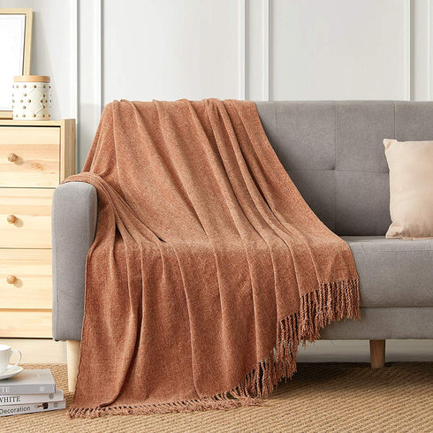 BOURINA Chenille Fluffy Throw Blanket with Decorative Fringe for Couch Cover Sofa Chair Blanket?50×60 Inches? Orange
