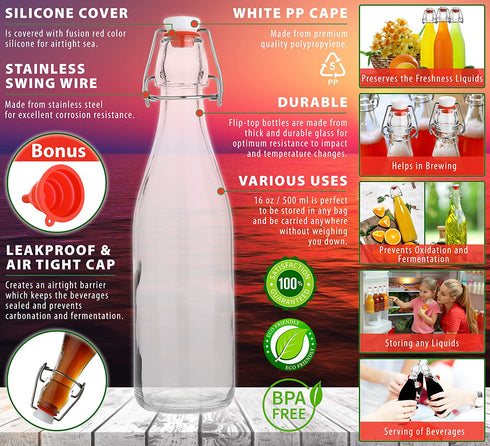Flip Top Glass Bottle Swing Top Brewing Bottle with Stopper for Beverages, Oil, Vinegar, Kombucha, Beer, Water, Soda, Kefir Airtight Lid & Leak Proof Cap Clear (6)