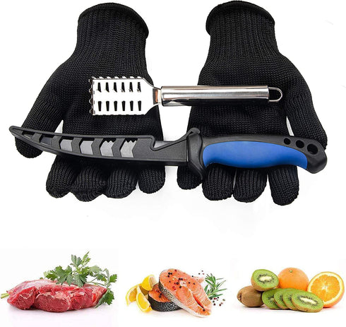 PAUL MAIER Fish Cleaning Kit 3-Piece Set Includes,Filet Knifes for Fish,Anti-Cutting Gloves,Fish Scale Cleaner Brush,Bait Knife with Coating and Scabbard, Salt Water Resistant Fishing Knife