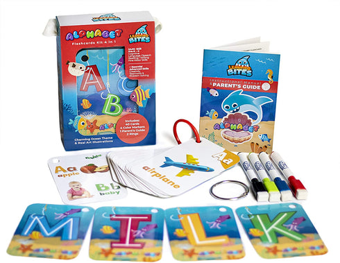 A Baby Shark Adventure - ABC Phonics Flash Cards Complete Set - Learn to Speak, Read and Write - Build First Words, Sight Words, and Phrases - Bonus: 4 Dry Erase Markers, 2 Rings, Parent's Guide Games