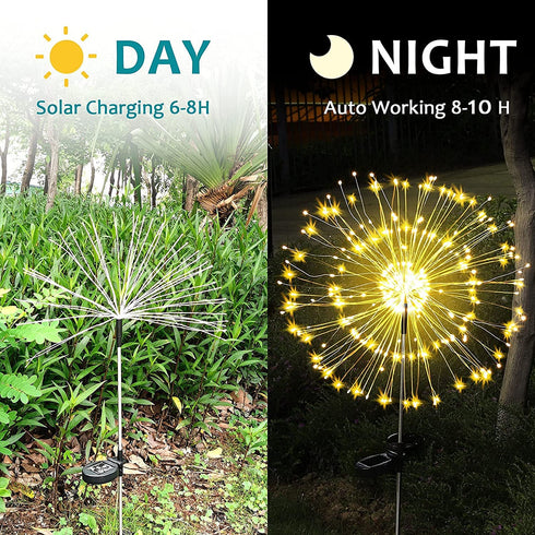JJGoo Solar Garden Lights, 2 Pack 120 LEDs 2 Lighting Modes Waterproof Fireworks Light for Outdoor Patio Walkway Pathway Decorative - Warm White