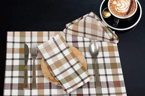 Ruvanti Placemats for Dinning Table. 100% Cotton 13x19 Inch Placemats Set of 6, Brown Check Woven Placemats. Tablemats for Farmhouse, Spring placemats, Tablemats for Christmas / Thanksgiving Dinners.