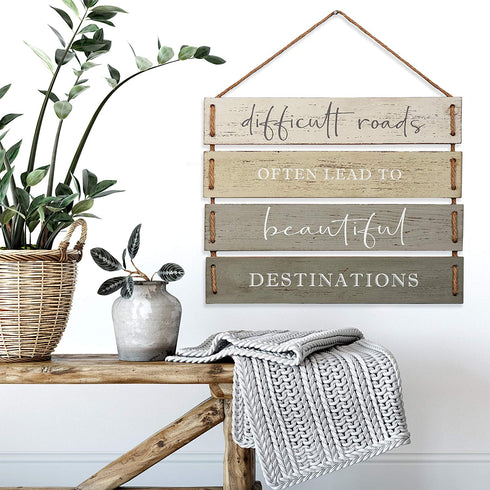 Difficult Roads Often Lead to Beautiful Destinations Quote Wall Decor, Decorative Wood Plank Hanging Sign 17? x 14? by Barnyard Designs