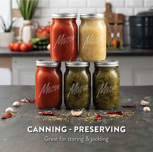 Wide-Mouth Glass Mason Jars, 32-Ounce (4-Pack) Glass Canning Jars with Silver Metal Airtight Lids and Bands with Chalkboard Labels, for Canning, Preserving, Meal Prep, Overnight Oats, Jam, Jelly,