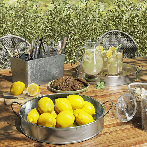 Barnyard Designs Decorative Farmhouse Round Metal Tray with Handle, Serving Tray for Coffee Table, Rustic Ottoman Decor, Silver, Large, 14?