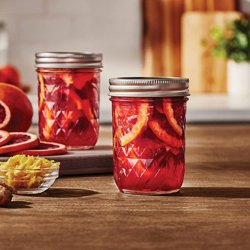 Ball Mason Quilted Crystal Jars 8 oz Regular Mouth Glass Bundle with Non Slip Jar Opener- Set of 6 Half Pint Size Mason Jars - Canning Glass Jars with Lids