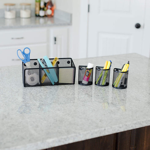 Awesome Office Supplies Black Magnetic Pencil Holder (4-pack) - Strong Magnet Wire Mesh Storage Basket Organizer Organizes Pens, Pencils, Markers for Locker Accessories, Fridge, Cubicle Desk, Offices