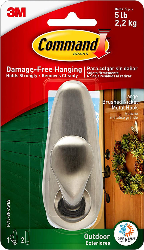Command Outdoor Metal Hook, 1 Hook, 2 Strips, Water-Resistant Strips (FC13-BN-AWES)