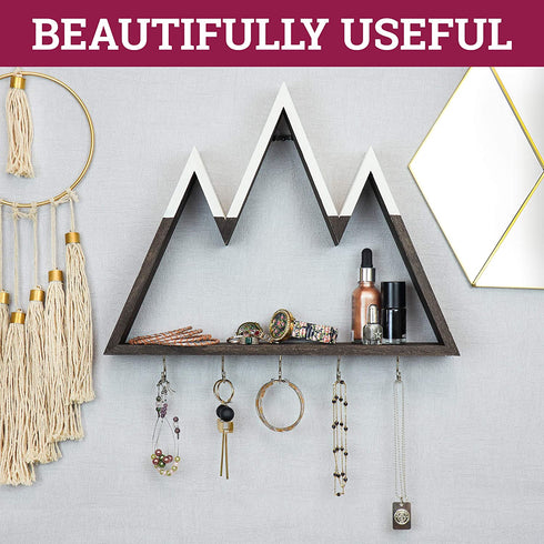 Leivo Mountain Shelf with Key Holders | Decorative Key Holder for Wall and Floating Shelf for Mountain Decor in Entryway, Kitchen, Bedroom, Nursery and Cabin | Key Hangers and Wall Jewelry Organizer